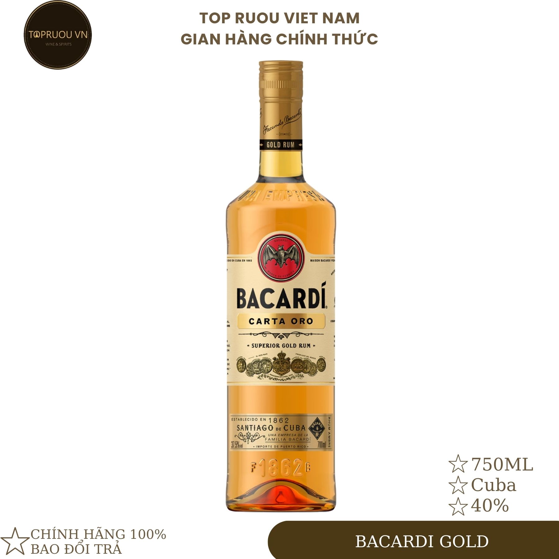 [Top Rượu VN] Rượu Rum Bacardi White - Gold 700ml [Chính Hãng]