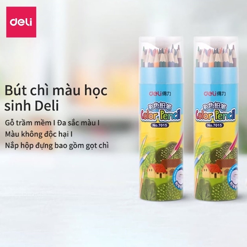 Bút chì màu cốc học sinh Deli - 24 màu/ Mã 7014/ Chì màu không độc hại tặng kèm gọt chì