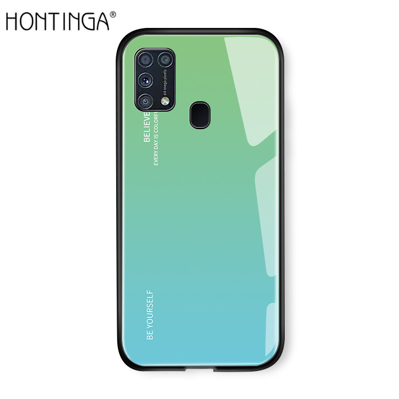 Hontinga For Samsung Galaxy M21 Case Luxury Aurora Rainbow Gradient Case Shockproof Tempered Glass Cover Handphone Case