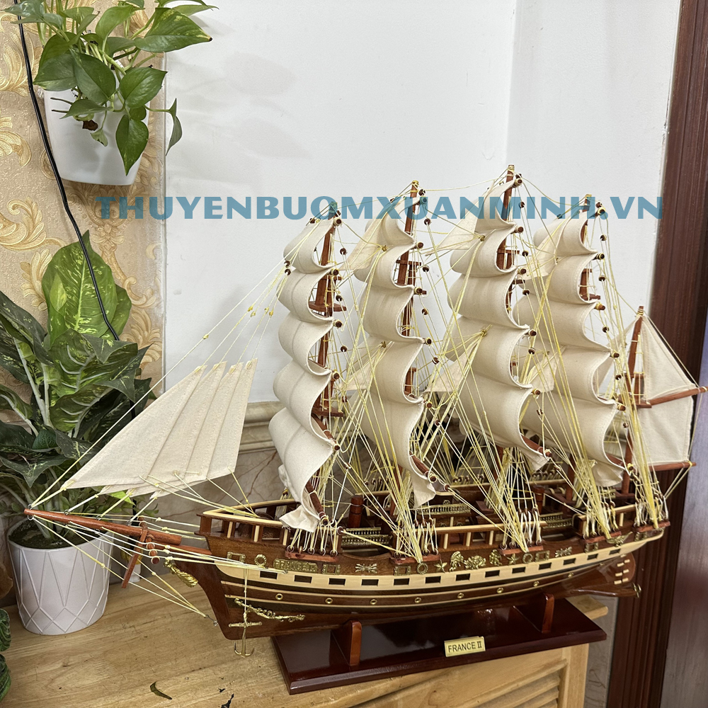 Mô hình thuyền gỗ trang trí - thuyền gỗ chở hàng phong thủy France II - Thân tàu dài 60cm - Gỗ Xoan Đào
