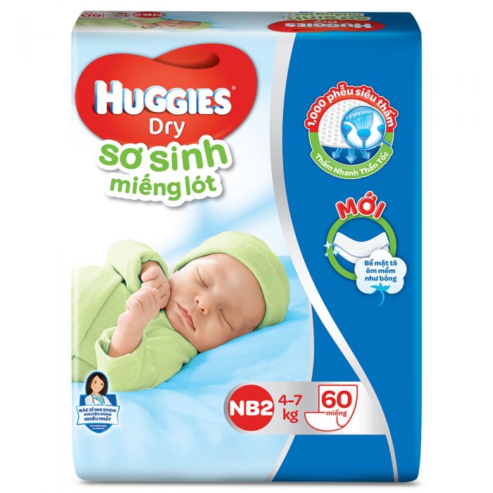 Miếng Lót Sơ Sinh Huggies Dry Newborn 2 NB2 60 Miếng Mẫu mới - HSD luôn mới