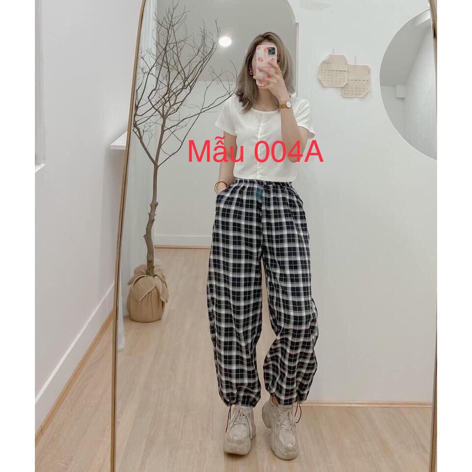 Quần ống rộng kẻ caro Unisex có dây chun ống chất đẹp mặc lên trẻ trung năng động