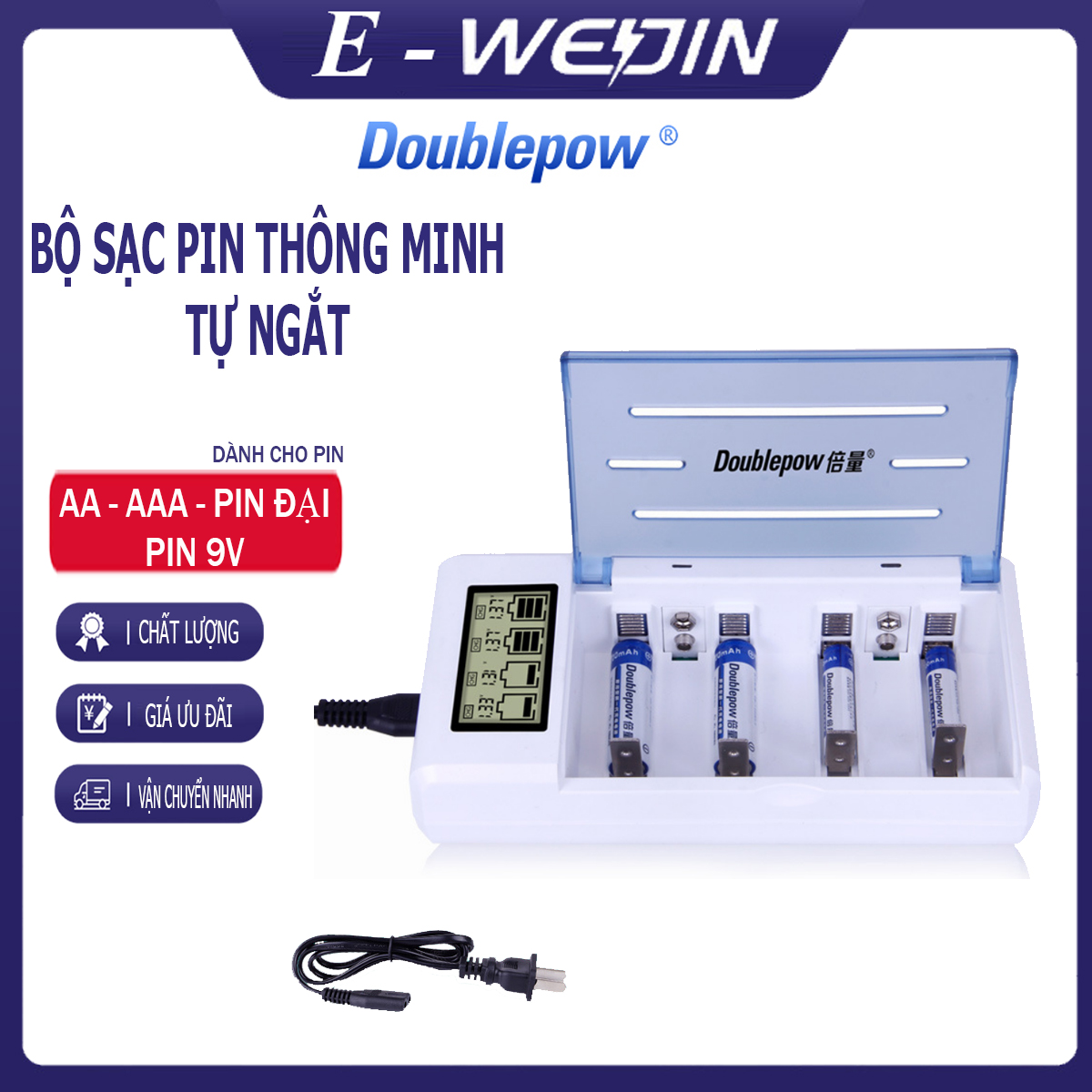 Bộ sạc pin đa năng Doublepow DP-K59, sạc pin thông minh tự ngắt, sạc nhanh (sạc cho pin AA, AAA, pin đại, pin tiểu, pin trung, pin vuông 9V)