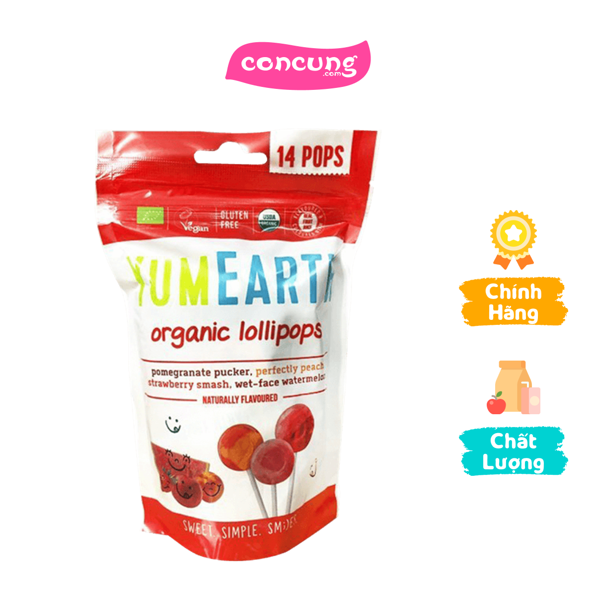 Kẹo mút hữu cơ 4 hương vị trái cây Yumearth 14 chiếc