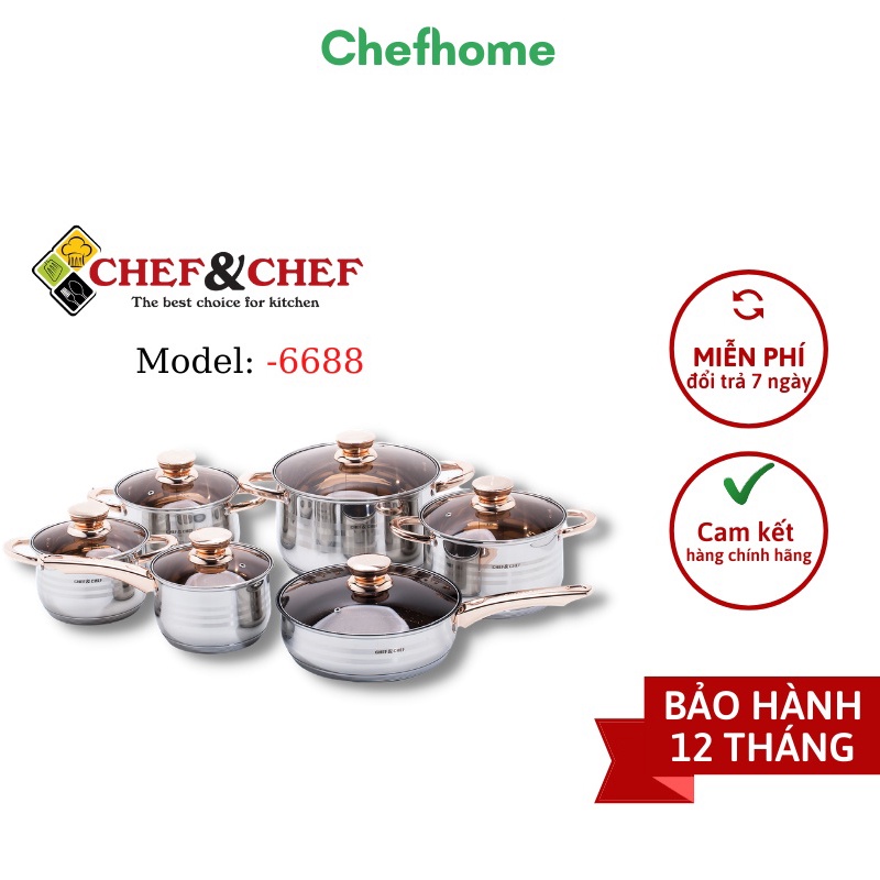 Bộ nồi Đức 6 món CHEF&CHEF - 6688 Đun nấu nhanh và tiết kiệm năng lượng nhờ đáy 5 lớp
