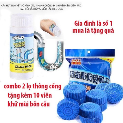 Combo 2 Lọ Bột Thông Cống, Bồn Cầu- Bột Tẩy Bồn Cầu Tặng Kèm 1 Gói 10 Viển Tẩy Bồn Cầu