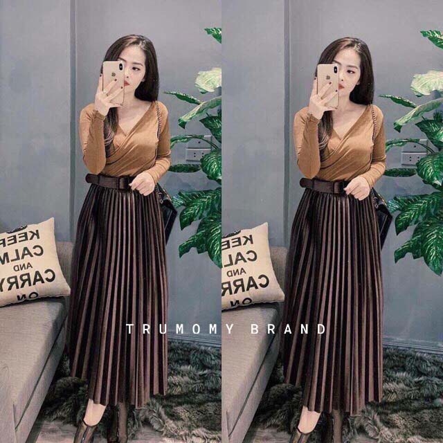 Chân váy xếp ly dài kèm đai Quảng Châu hàng đẹp