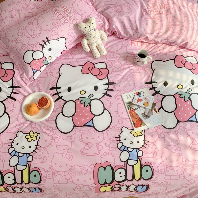 Chăn ga gối cotton poly - Mẫu hello kitty.
