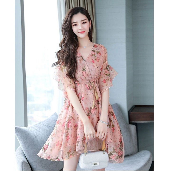 [HCM]Đầm Đính Hoa Thắt Dây Eo Thanh Lịch