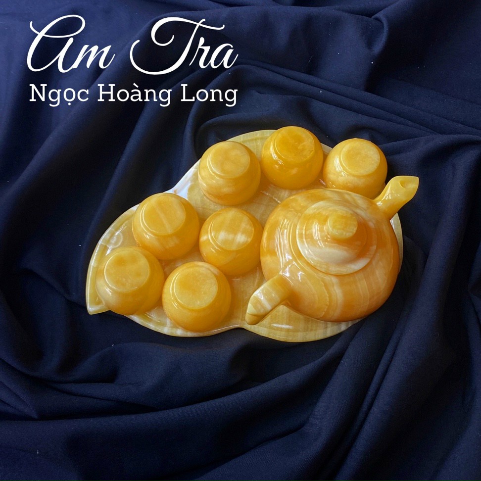 Bộ Ấm Trà Đá Ngọc Hoàng Long , Đá Onyx Xanh - (Gồm 1 Ấm + 6 Chén + Đĩa Lá)