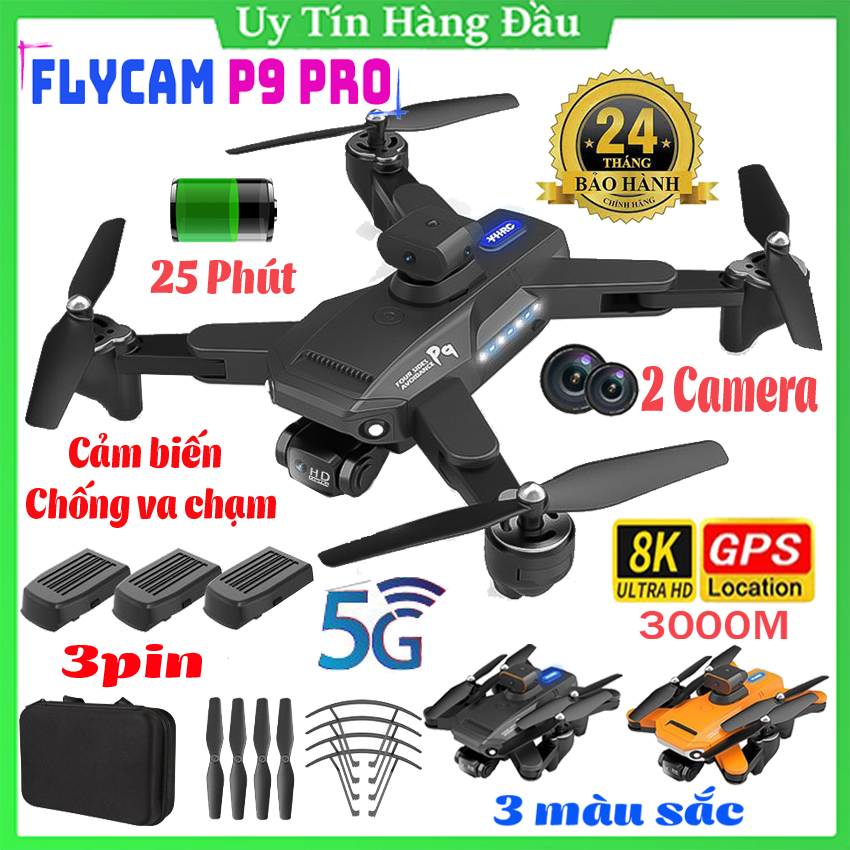 Máy bay điều khiển từ xa có camera, Flycam drone 4K P9 Pro, Flycam giá rẻ, Máy bay camera mini, Play cam mini, Fly cam 2 camera, động cơ không chổi than, cảm biến chống va chạm, chống rung