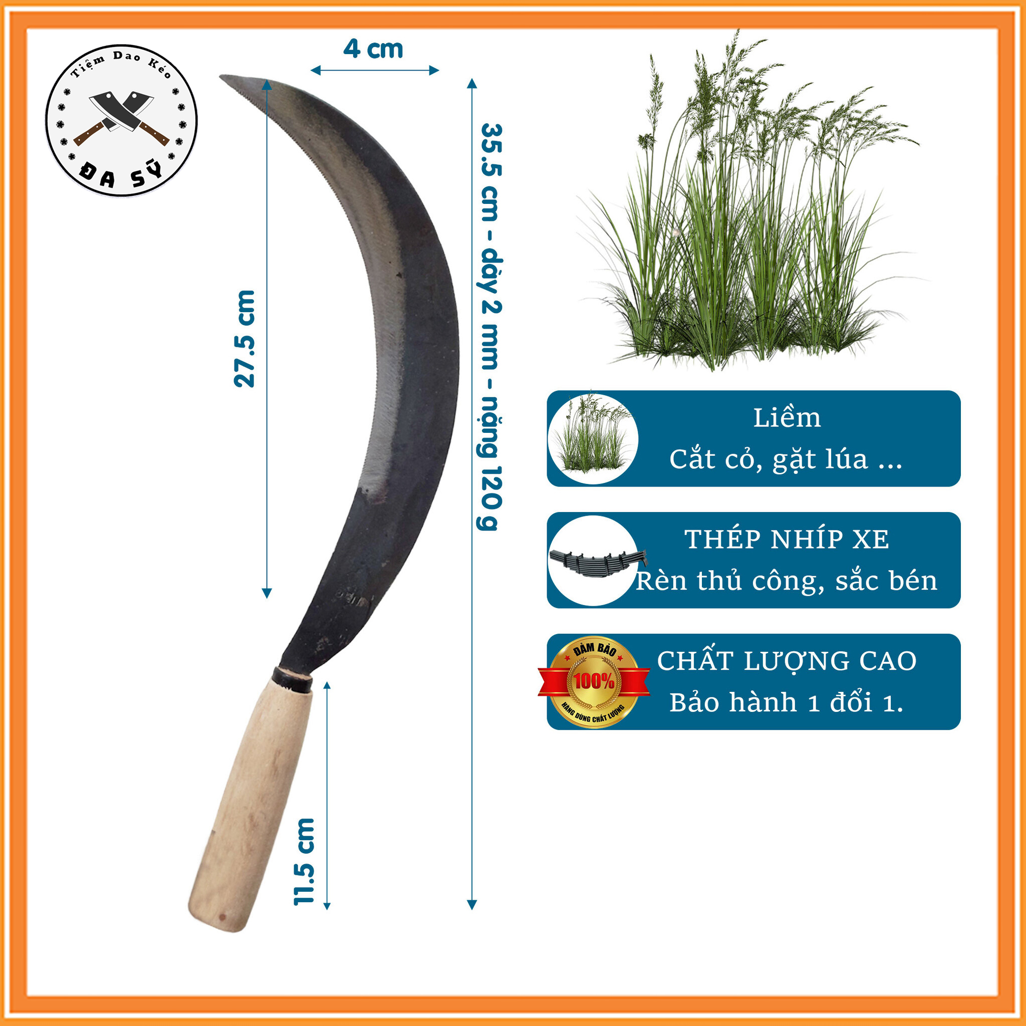 Liềm Cắt Cỏ, Phát Cỏ, Liềm Gặt Lúa Loại Tốt, Liềm Rèn Từ Thép Nhíp Xe Siêu Bền, Cán Gỗ Chắc Chắn