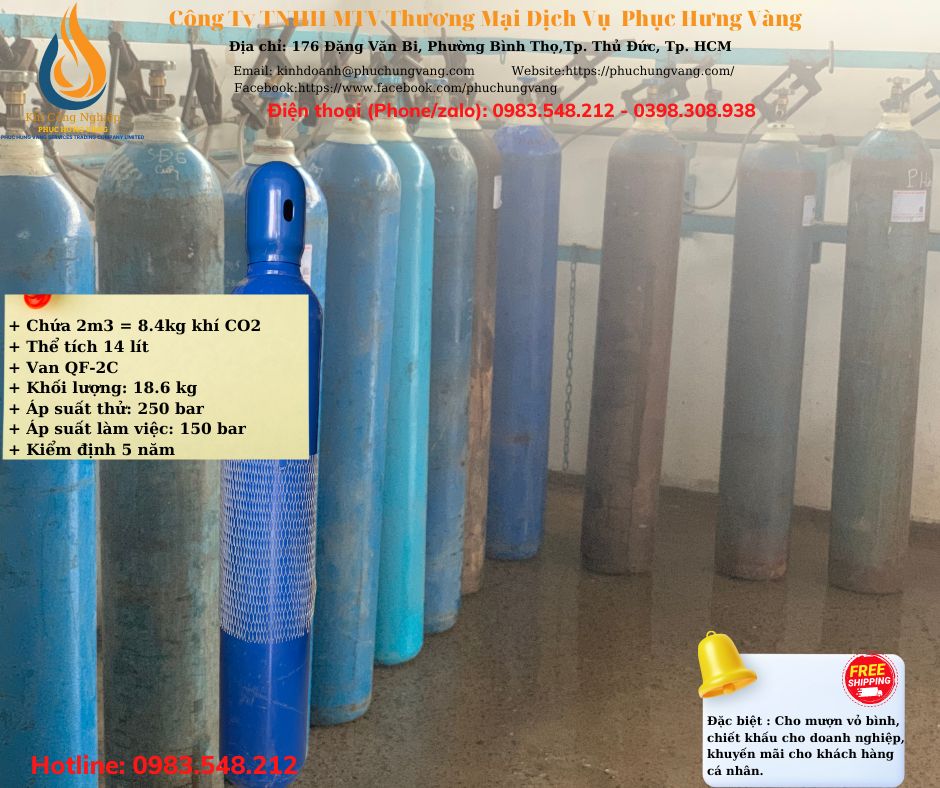 Bình khí Co2 14l - Gồm Bình Đã Bơm Đầy Khí