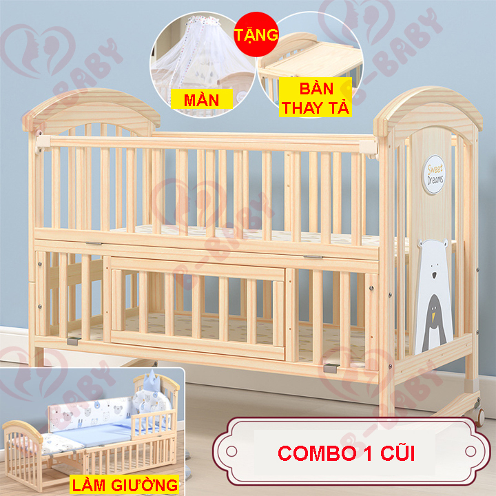 Nôi cũi em bé BBaby Peace Natural - Nôi cũi cho bé đa năng 6 chế độ - Giường em bé kèm bộ quà tặng 6 món xinh xắn
