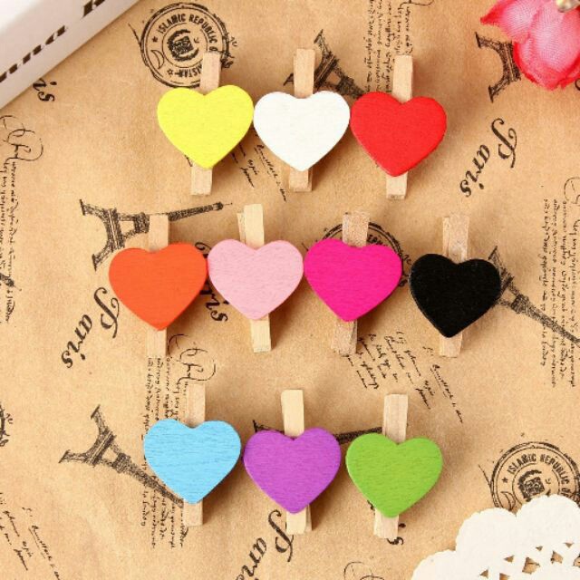Kẹp Gỗ Trái Tim Nhiều Màu Sét 20 Chiếc