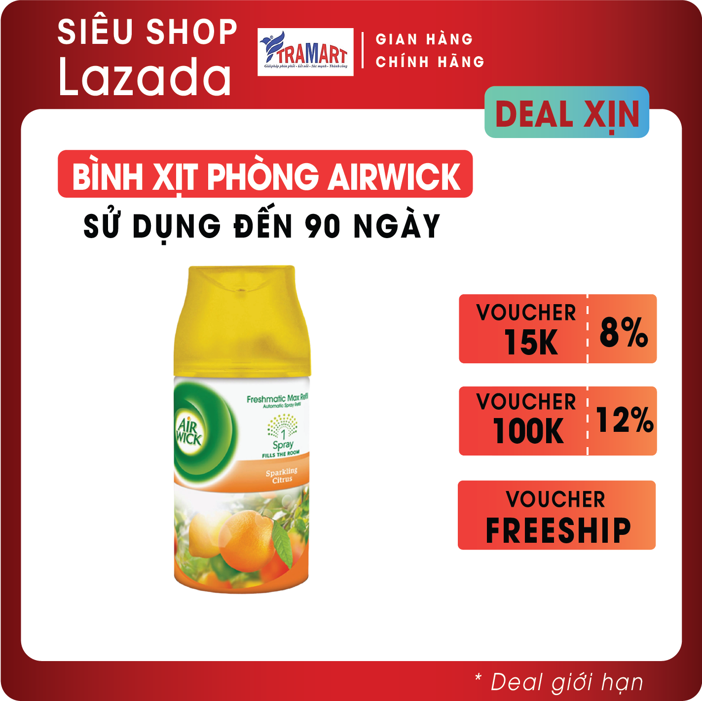 Bình xịt thơm phòng Airwick AWK9066 Sparkling Citrus 250ml (Hương cam)