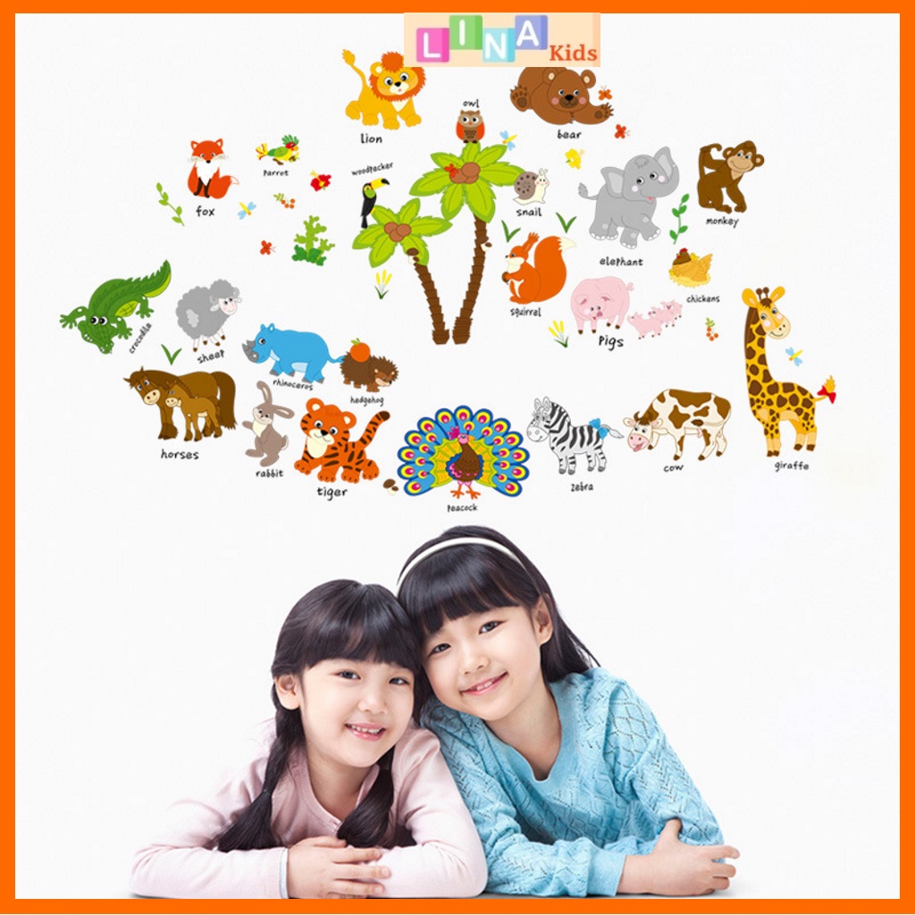 Decal dán tường vườn thú tiếng Anh (mẫu cây cọ to) - LINA Kids