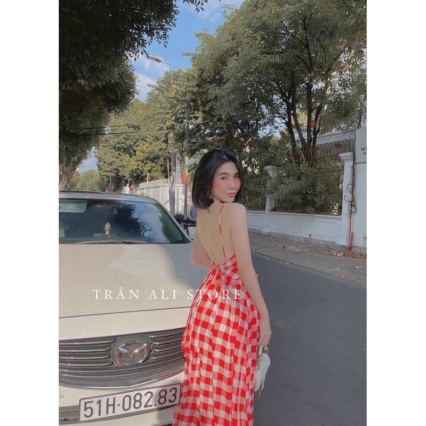 Đầm maxi caro khoét 2 dây - Maxi Ngọc Lan