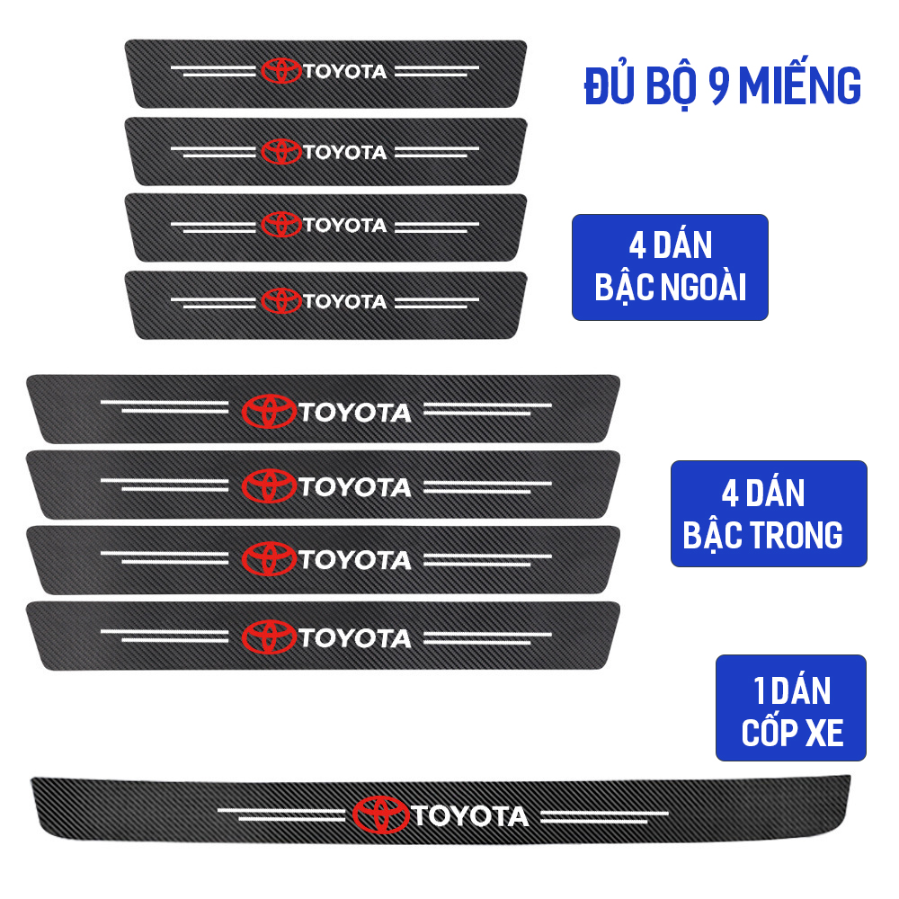 Bộ 9 miếng dán vân carbon nẹp cửa ô tô chống trầy xước bảo vệ bậc lên xuống, decal tấm dán trang trí cửa cốp oto xe hơi Toyota, Mazda, Honda, Kia, Ford, Mitsubishi, Honda, Hyundai