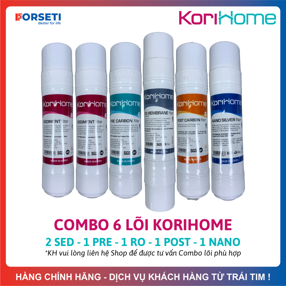 Combo 6 lõi lọc korihome hàn quốc gồm 2 sediment + 1 pre carbon + 1 ro membrane + 1 post carbon + 1 nano silver dành cho model wpk-606-lite, wpk-605, wpk-813, wpk-888-lt...