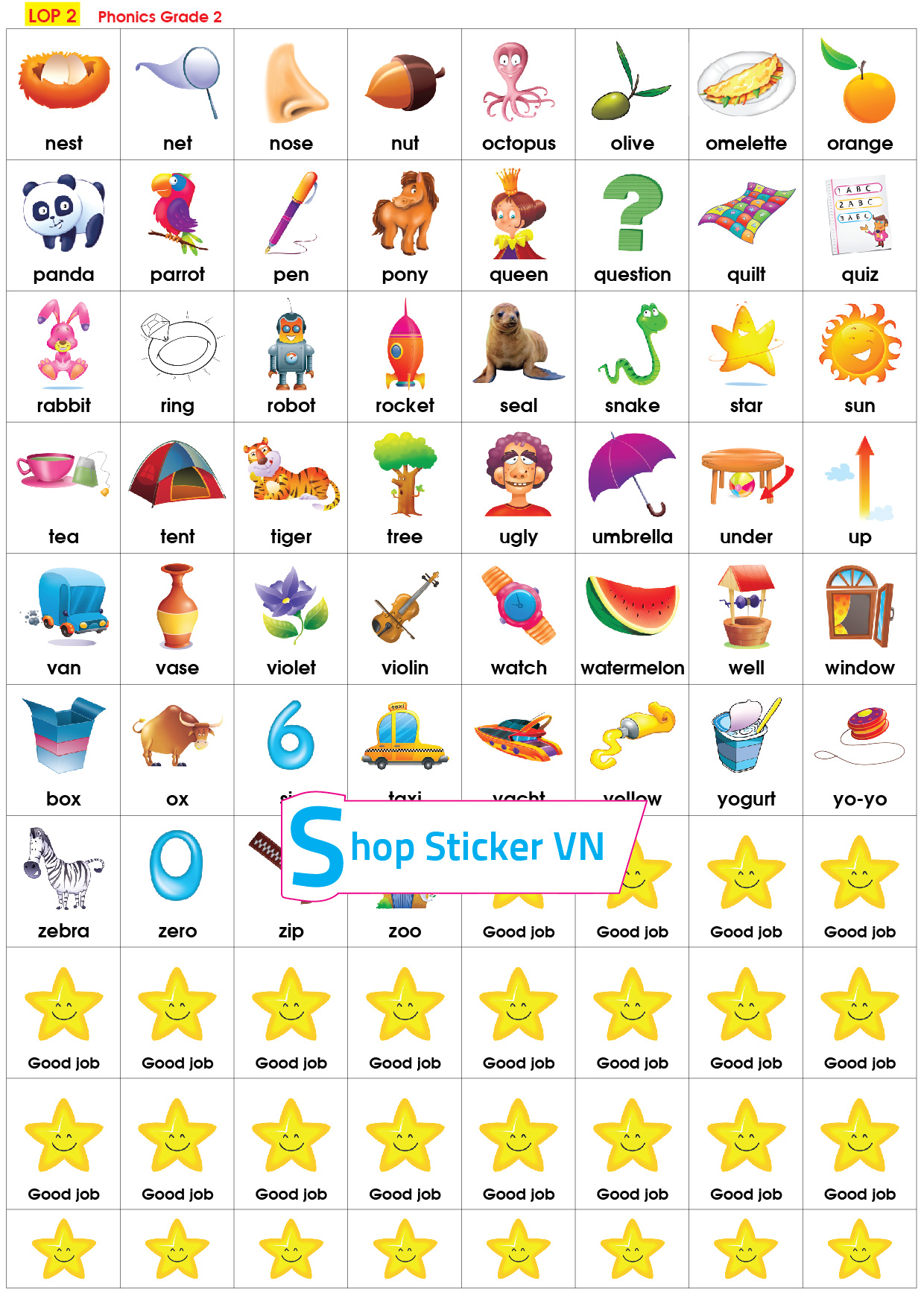 Sticker từ vựng tiếng anh lớp 1, lớp 2 - Phonics