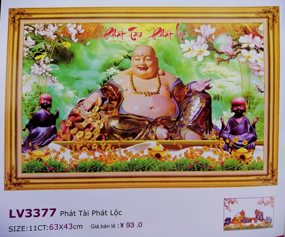 Tranh thêu chữ thập Phật Di Lặc Phát tài phát lộc LV3377