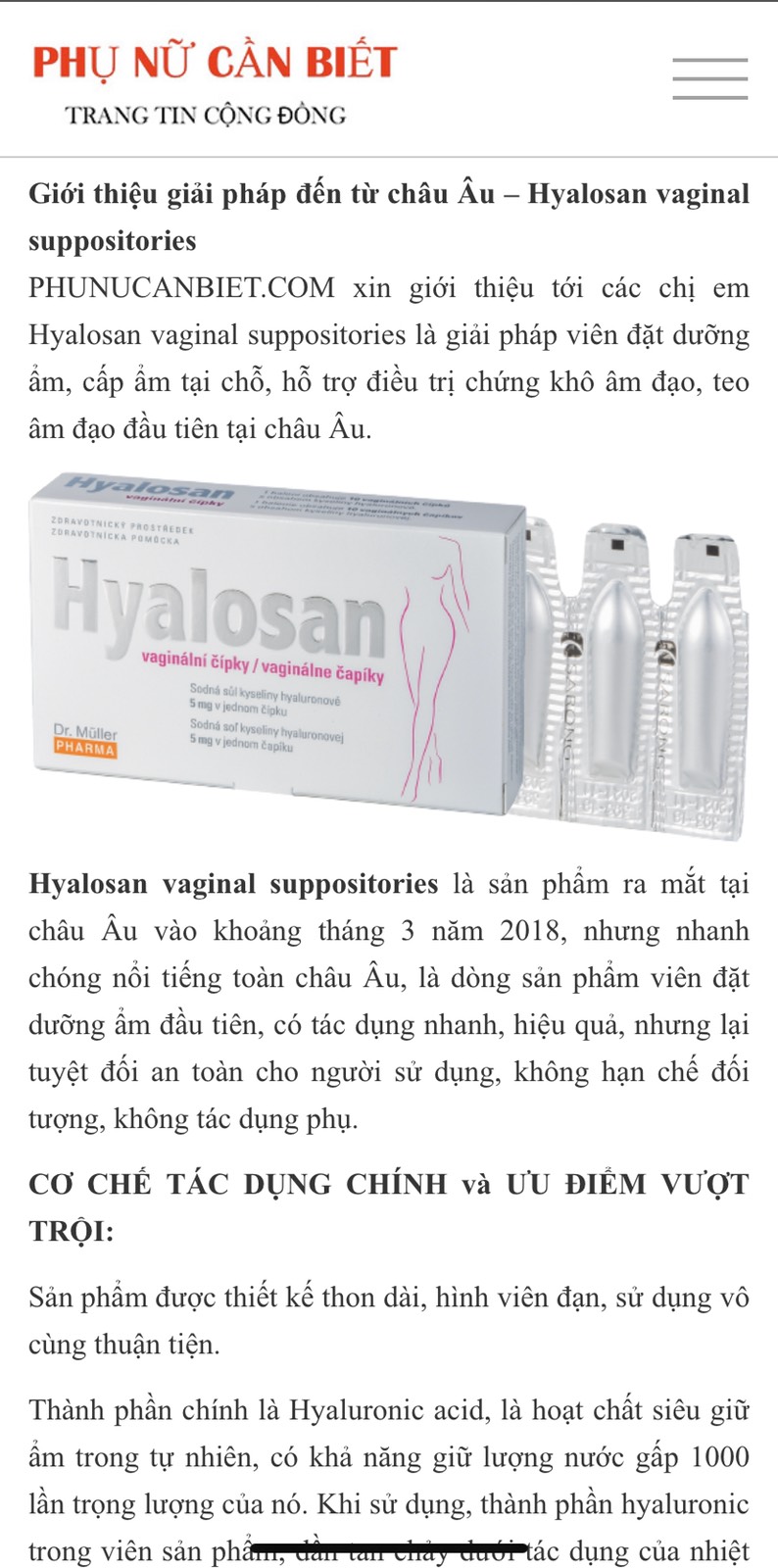 Viên đặt giảm khô vùng kín - Hyalosan vaginal suppositories (Hộp 2 vỉ x 5 viên)