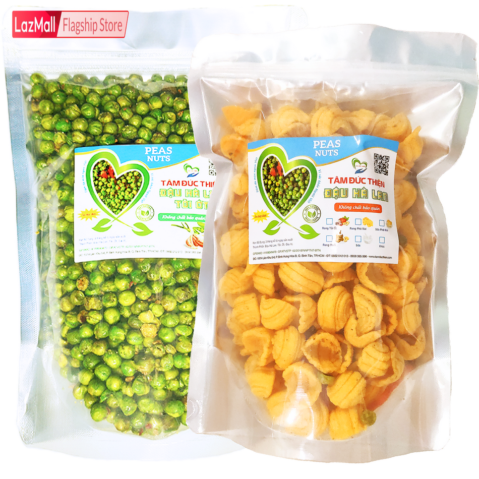 Combo 2 Túi: Đậu Hà Lan Rang Tỏi Ớt 500GR và Bánh Vỏ Sò Đậu Hà Lan 205GR Tâm Đức Thiện Thực Phẩm Đóng Gói Đóng Hộp Ăn Liền đồ ăn vặt Lazada bánh kẹo quà Tết