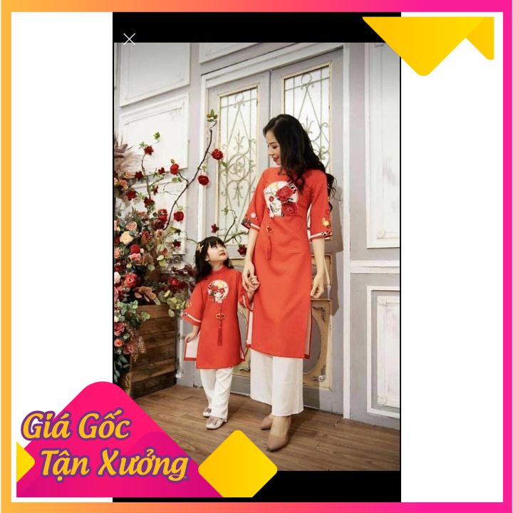 Áo Dài Cách Tân Mẹ Và Bé Chất Lụa Mịn 2 Ta Cao Cấp - Set Mẹ kèm quần