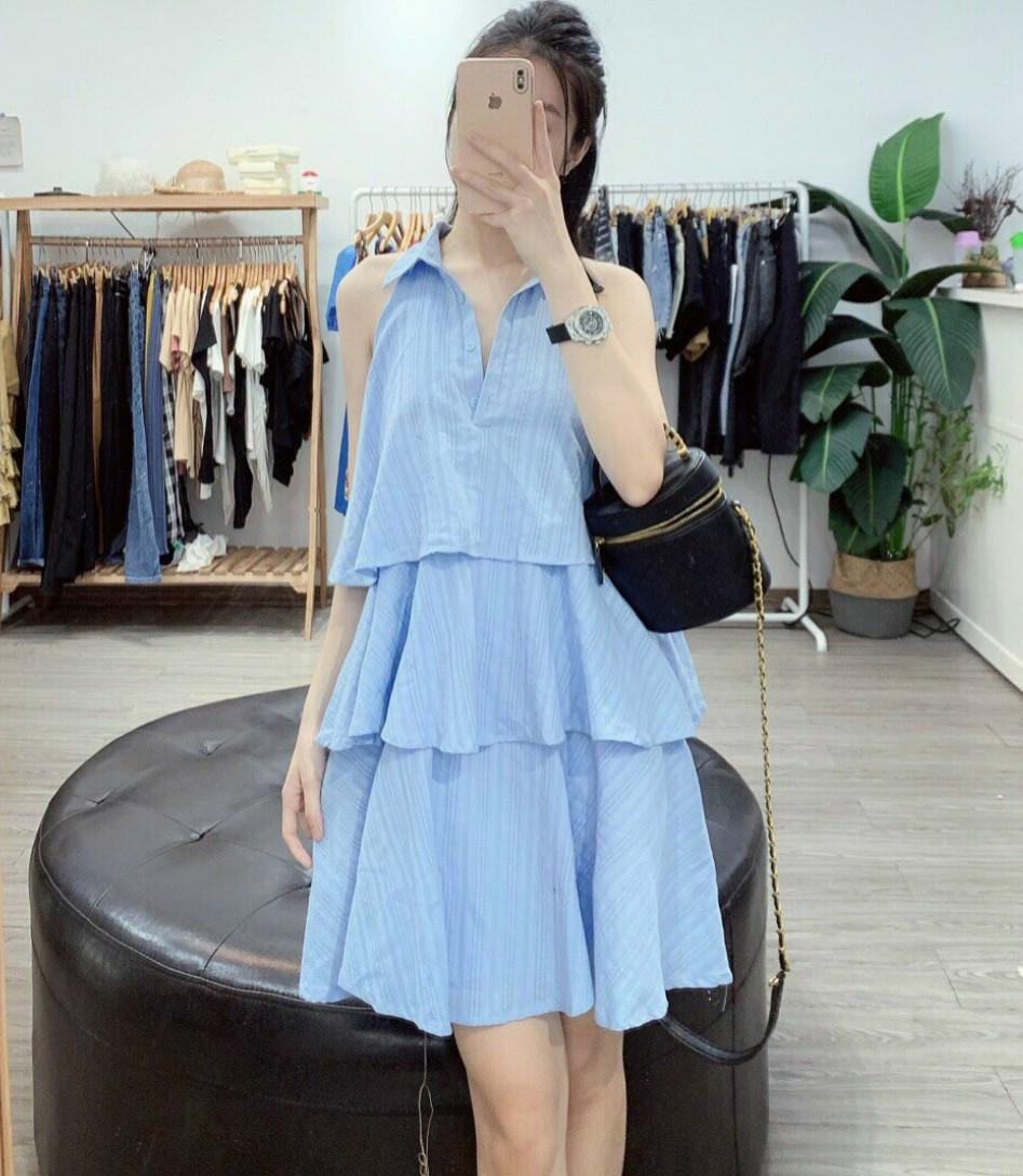 Đầm tầng sát nách cổ sơ mi trẻ trung