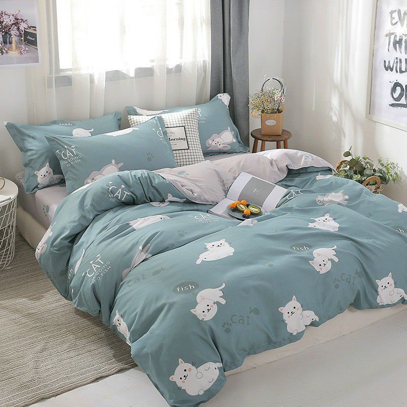 Cotton poly bộ chăn ga gối mèo trắng ga xanh bộ chăn ga gối cao cấp nhập khẩu 5 món, 4 món sản phẩm chăn ga gối nệm dùng 4 mùa