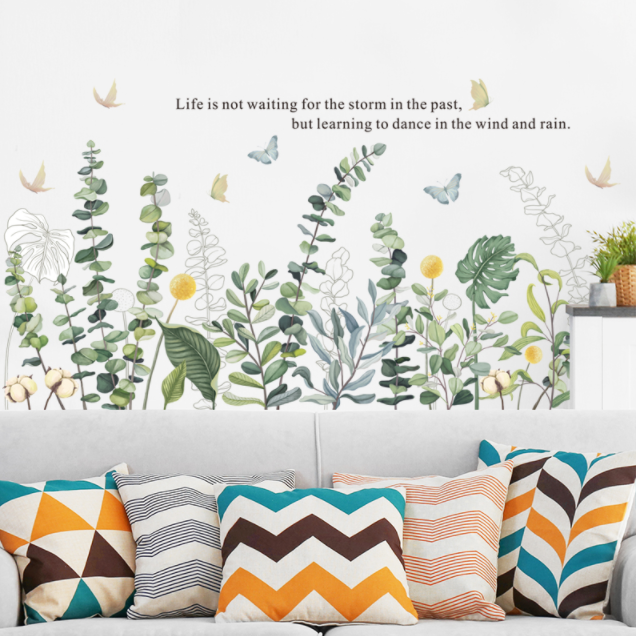 Decal trang trí tường - Chân tường bụi cây xanh và đàn bướm-K85