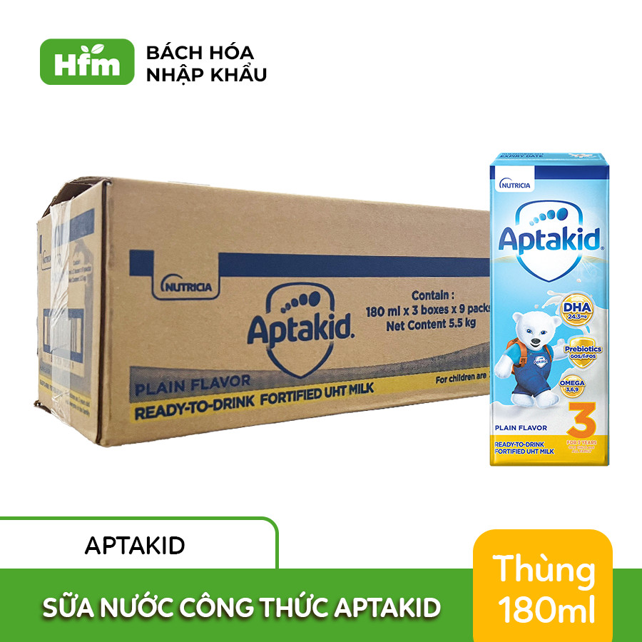 [DATE T12.2023 - T1.2024 MUA 2 THÙNG TẶNG 1 THÙNG] Sữa Nước CôngThức Aptakid 180ml/hộp ( Tổng 3 Thùng, 81 Hộp)