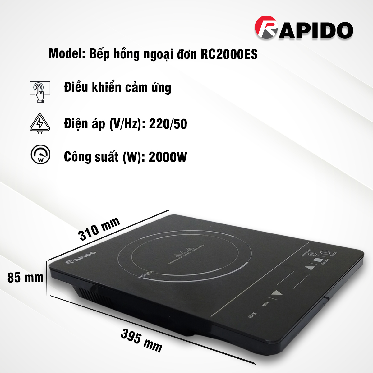 Bếp hồng ngoại đơn Rapido RC2000ES (công suất 2000W, Chính hãng)