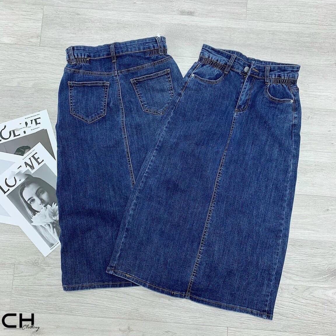 Chân váy jean nữ chun eo dáng dài có size