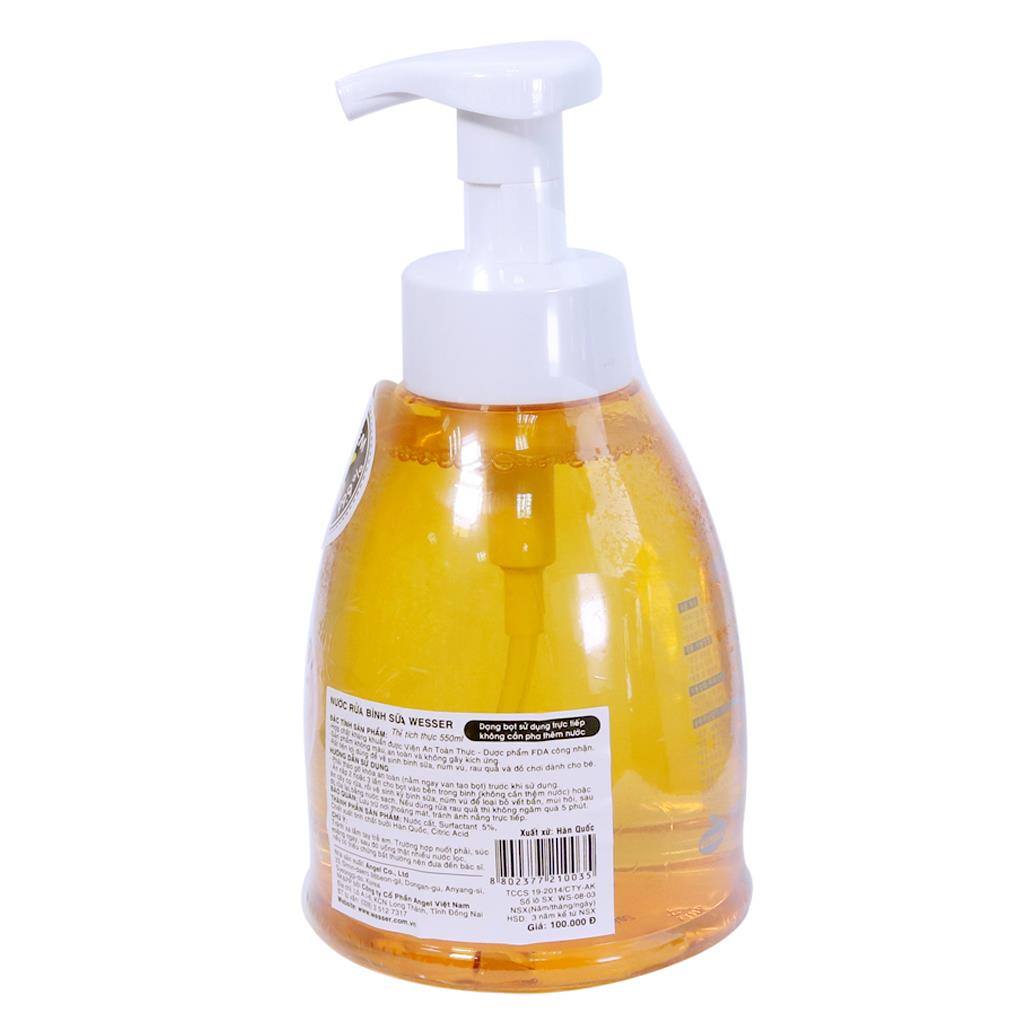 Nước Rửa Bình Sữa núm vú và phụ kiện cho bé Wesser chai 500ml Hàn Quốc nhập khẩu