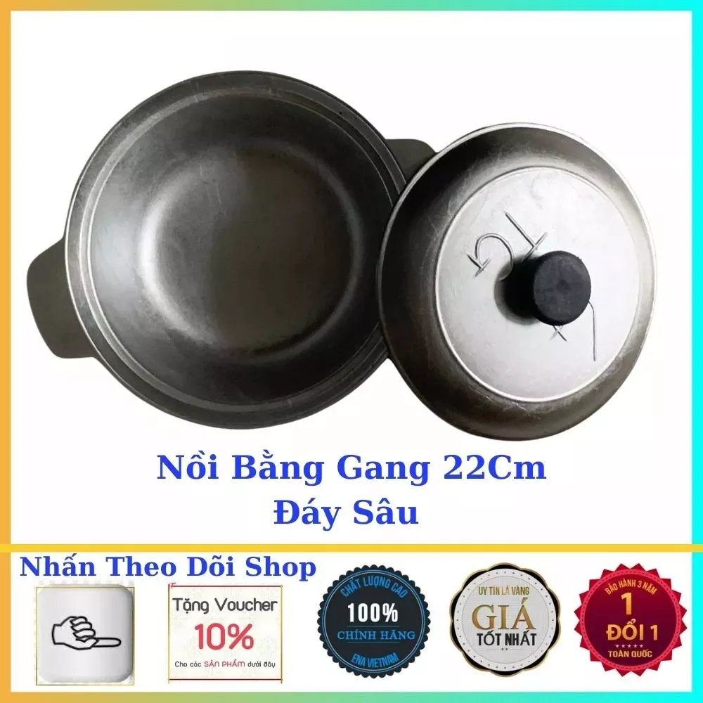 Nồi gang hấp nghêu đường kính 20cm, kho thịt, chống dính, chống cháy khét nắp cầm cách nhiệt