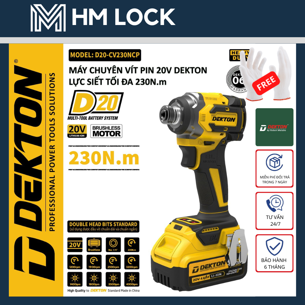 Máy chuyên bắt vít dùng pin d20 dekton 230n.m - chân pin dewalt - tặng 1 bộ bắn vít - hàng chính hãng - d20-cv230ncp