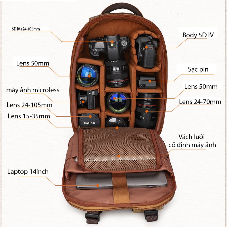 Balo đựng máy ảnh canvas có ngăn laptop