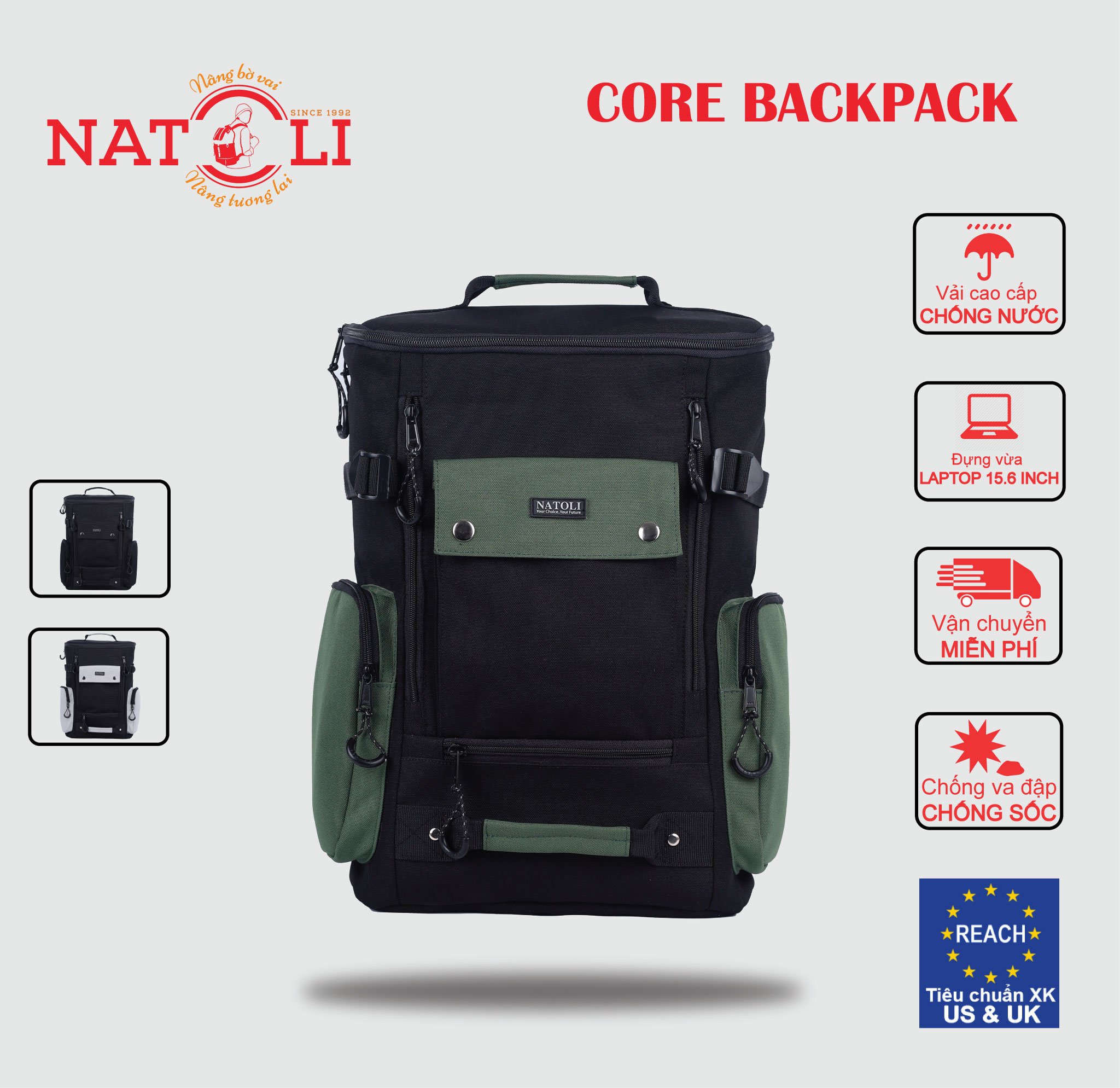 Balo sinh viên unisex CORE BACKPACK B9 chính hãng NATOLI ,Cặp đi học chất vải canvas kháng nước chống sốc nhiều ngăn thời trang cao cấp