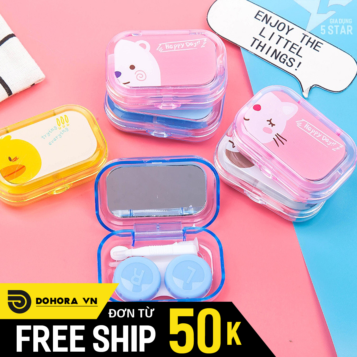 Hộp đựng lens icon siêu cute kèm đồ gắp len và gương mini để soi, chất liệu an toàn cho mắt