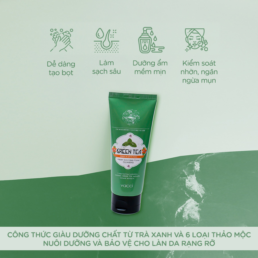 Sữa rửa mặt cho da dầu, mụn, nhạy cảm Trà Xanh Vacci