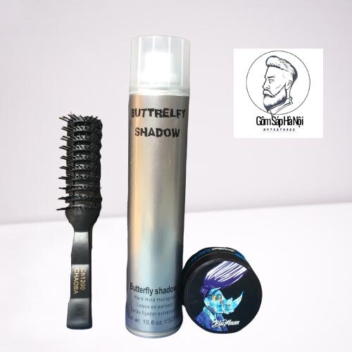 Combo  Gôm Xịt Tóc BUTTRE FLY SHADOW 320ml + Sáp Vuốt Tóc Nam BluMaan Styling Meraki (Bản Tê Giác Xanh ) + Tặng Lược