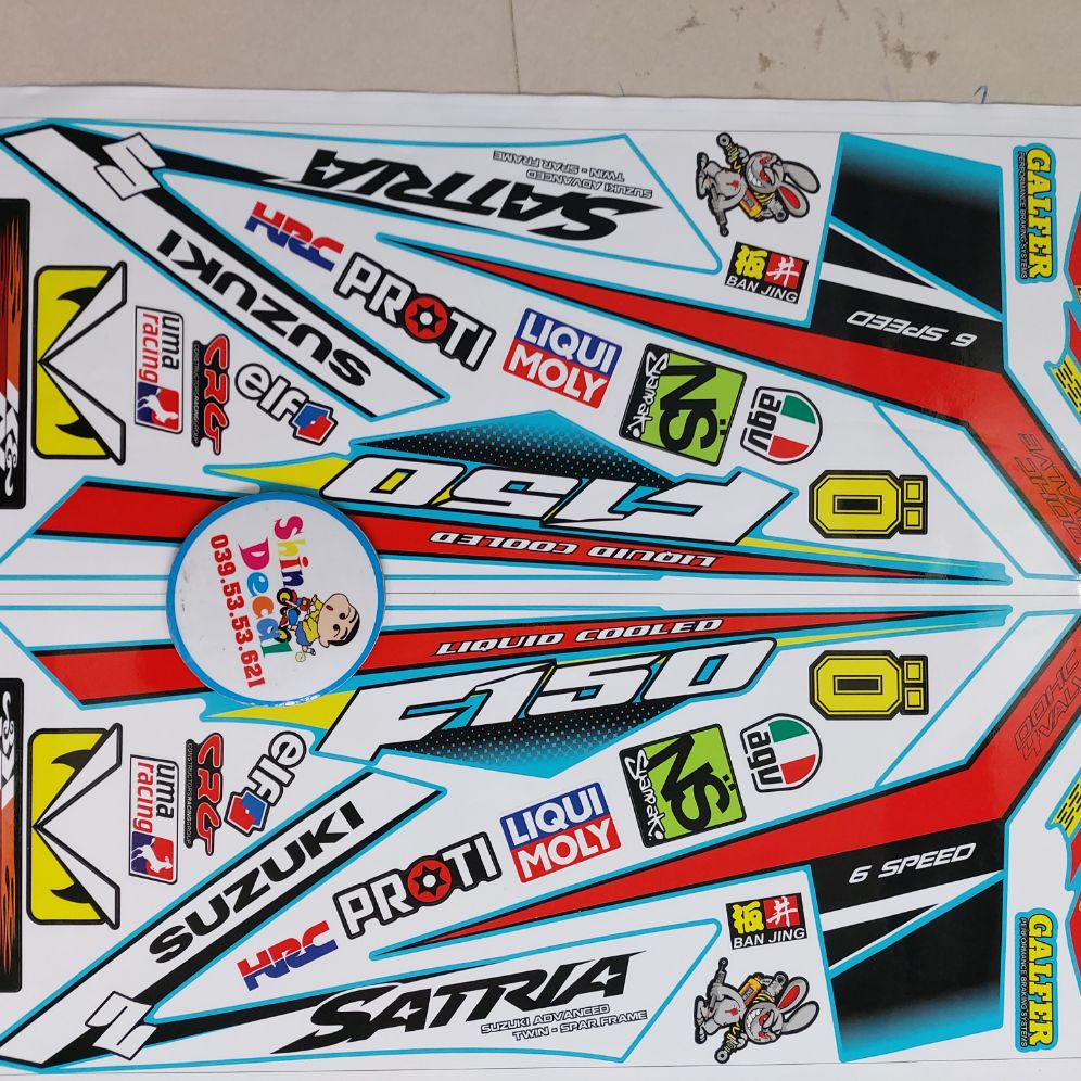 Tem xe satria fi suzuki f150 trắng đỏ