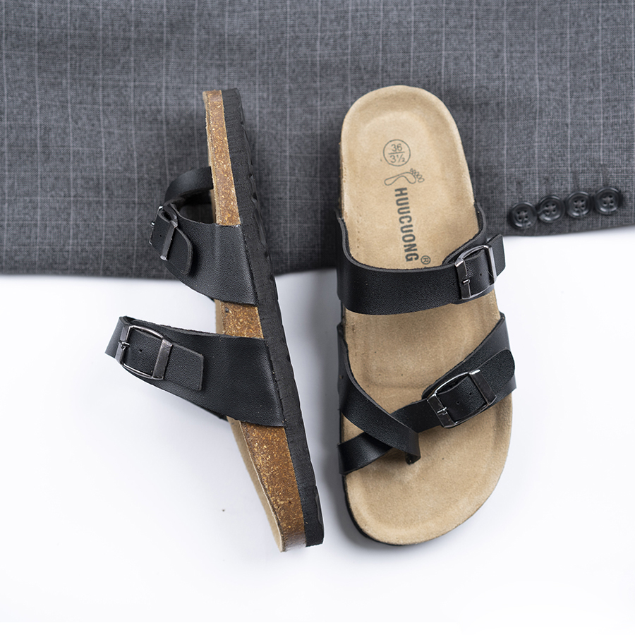 Dép đế trấu unisex xỏ ngón da pu đen