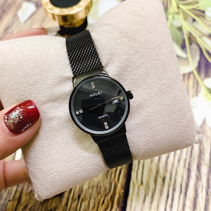 Đồng hồ cặp đôi nam, nữ dây thép lụa Halei Full Black