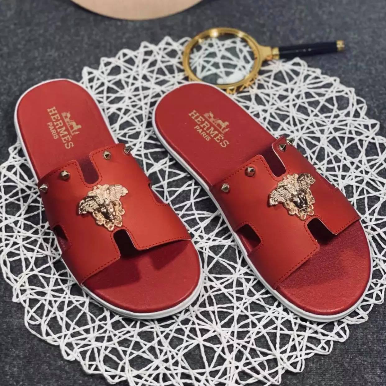 Dép lê da H đỏ mặt vàng nam