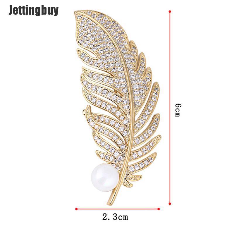Jettingbuy Jion Love Crystal Feather Leaf Shaped Brooch Pearl Pin Badge Bag Decor Wedding Jewelry