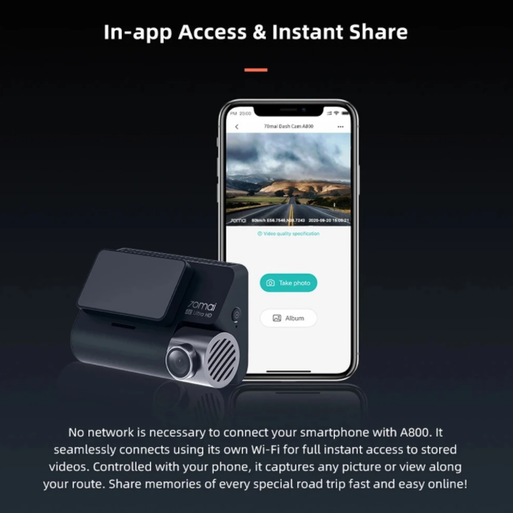 Camera hành trình ô tô Xiaomi 70mai. Bản Quốc Tế cao cấp A800SE, 4K, Wifi - Bản Quốc Tế