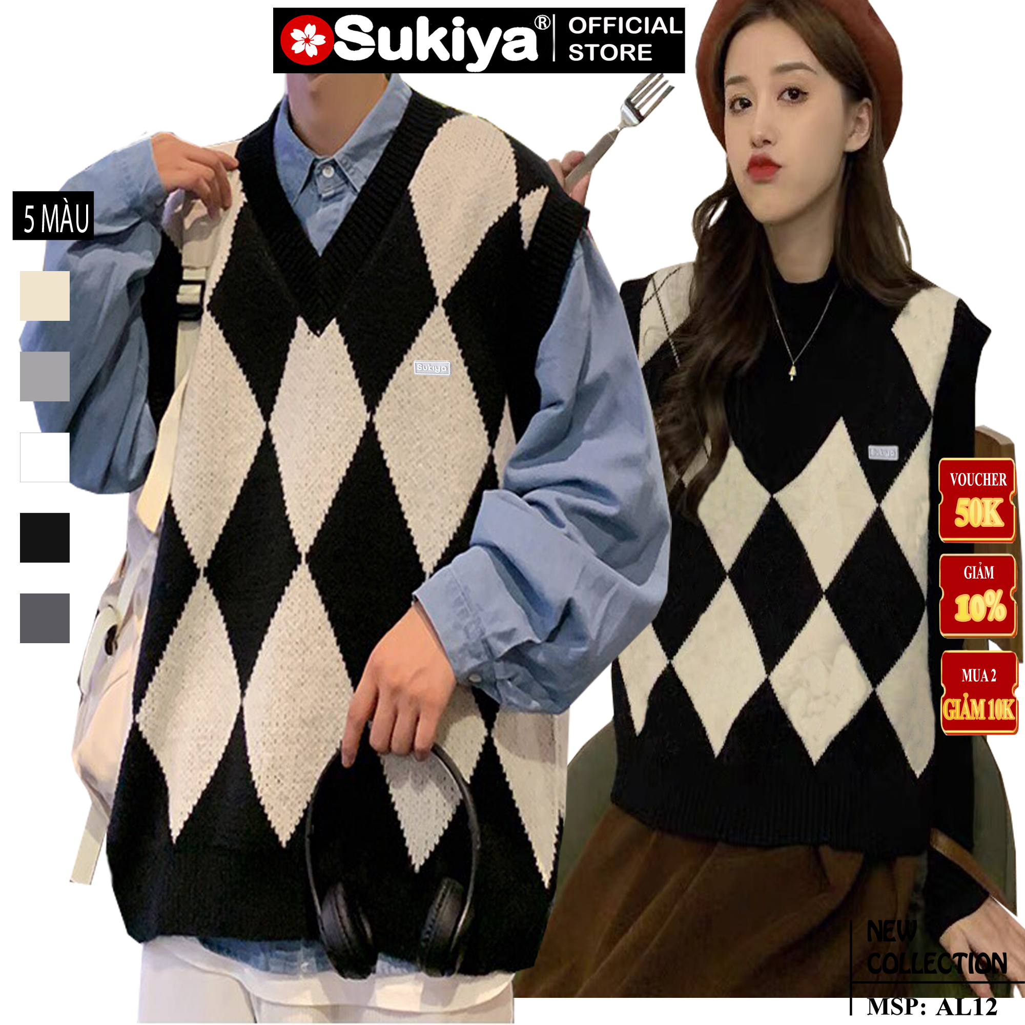 Áo len gile nữ sukiya cổ tim họa tiêt kim cương ulzzang dành cho cả nam chất len lông cừu mềm mại al48